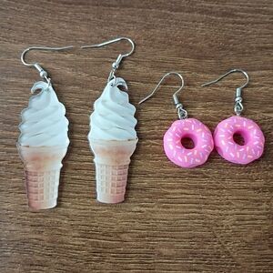 Pair Foodie Earring Set Pink Donut & Soft Serve Ice Cream Cone Kitsch